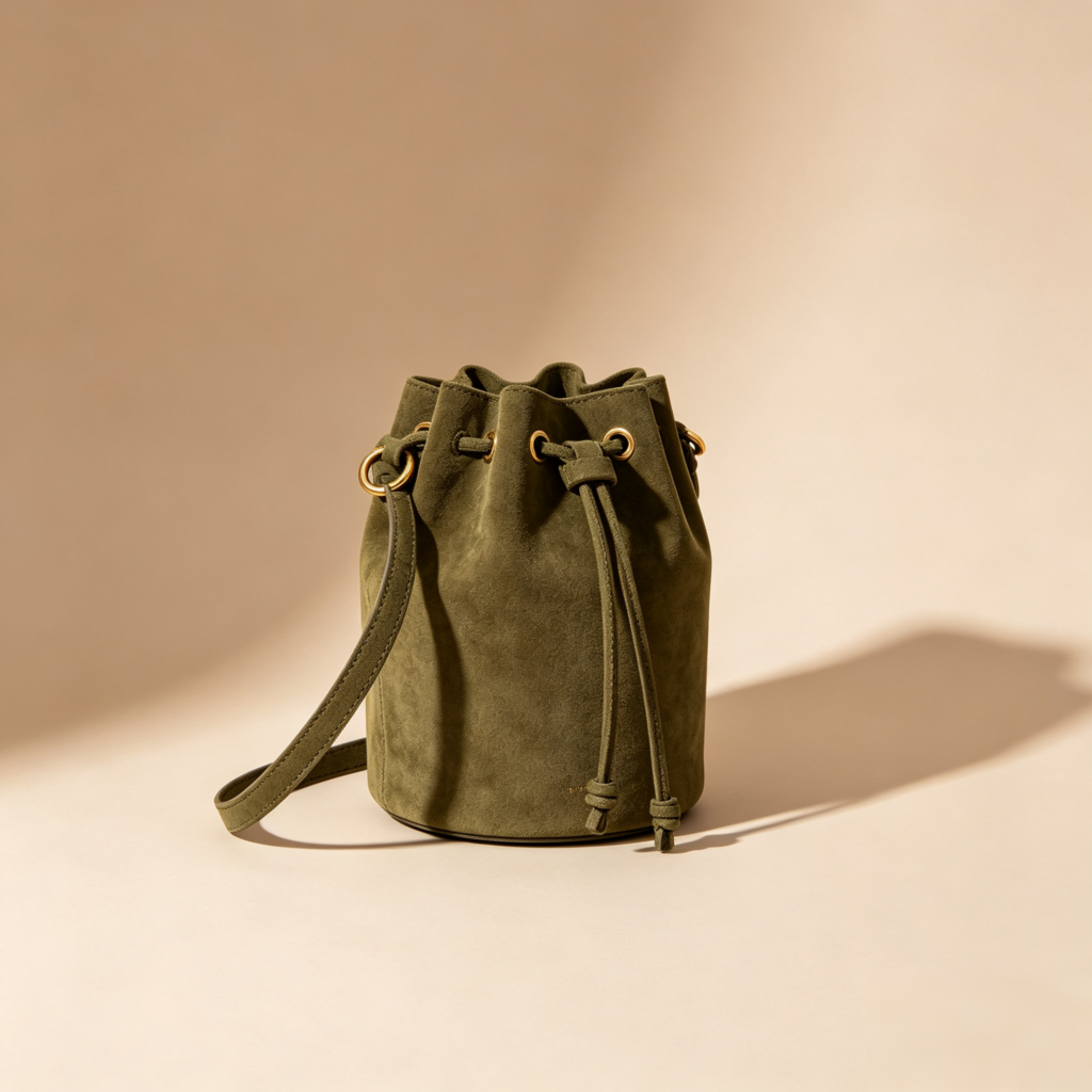 Olive Green Suede Drawstring Bucket Bag