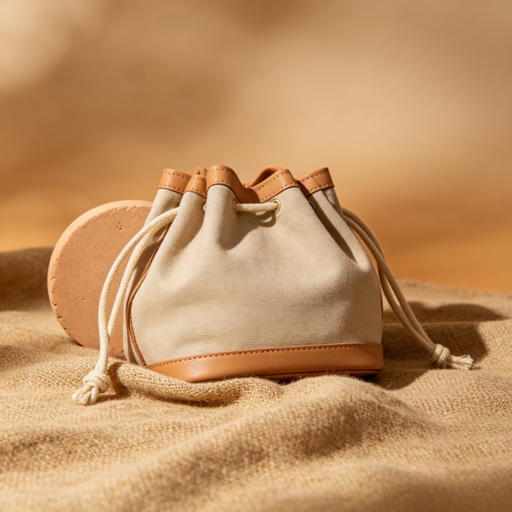 Beige and Tan Two-Tone Drawstring Bucket Bag