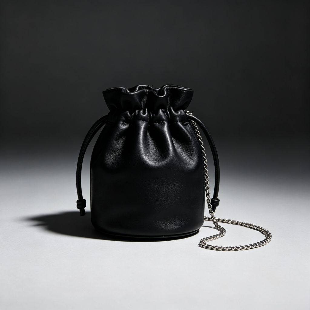 Black Suede Drawstring Bucket Bag with Chain Strap