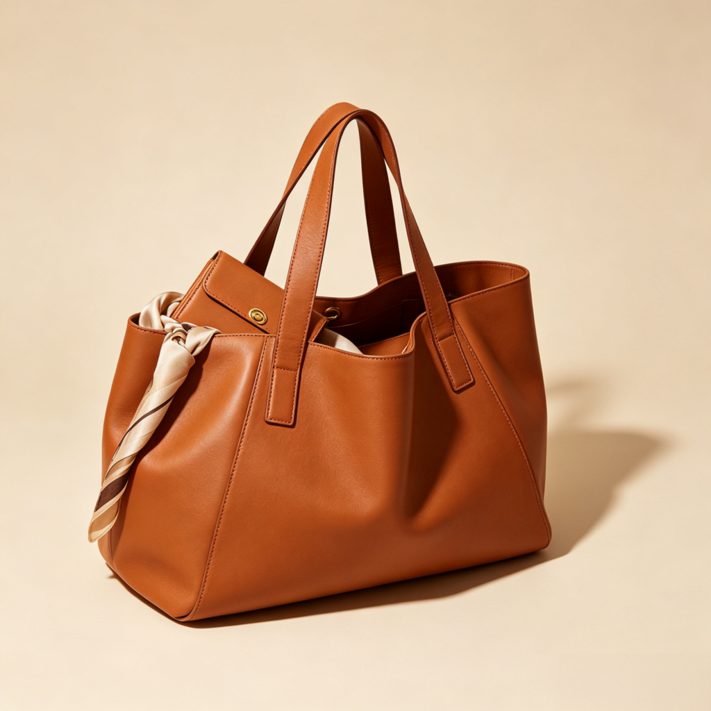 Cognac Brown Leather Tote Bag with Double Handles