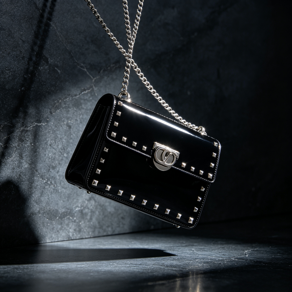 Black Studded Flap Bag with Chain Strap