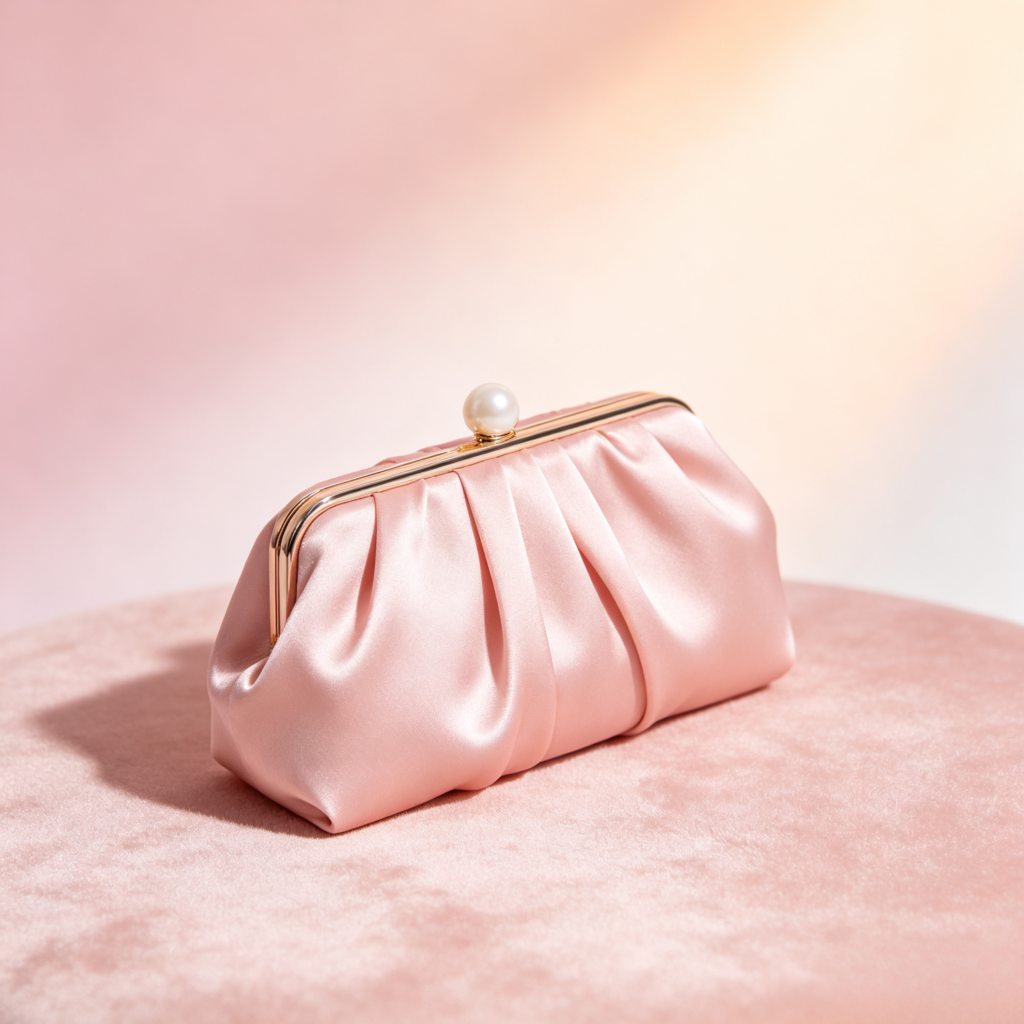 Blush Pink Ruched Pleated Clutch with Pearl Clasp