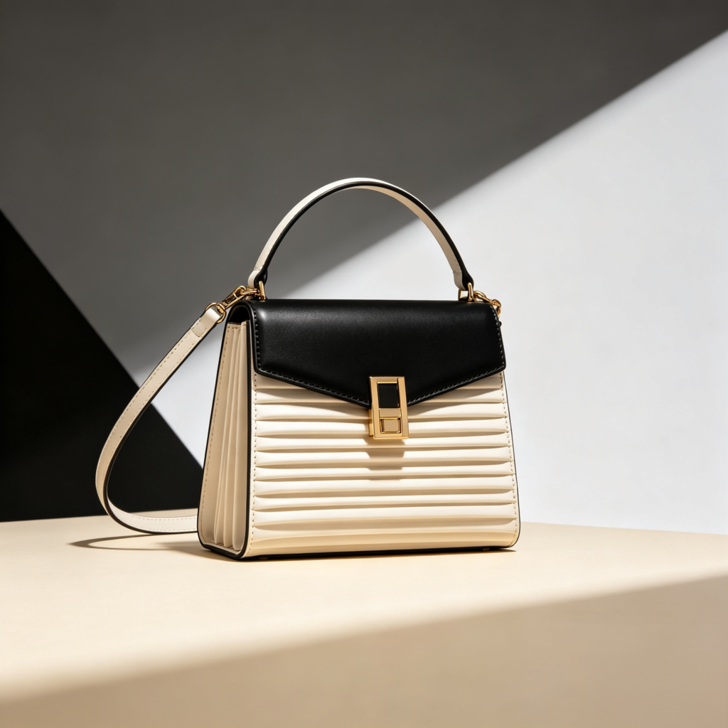 Black and Cream Striped Structured Flap Handbag