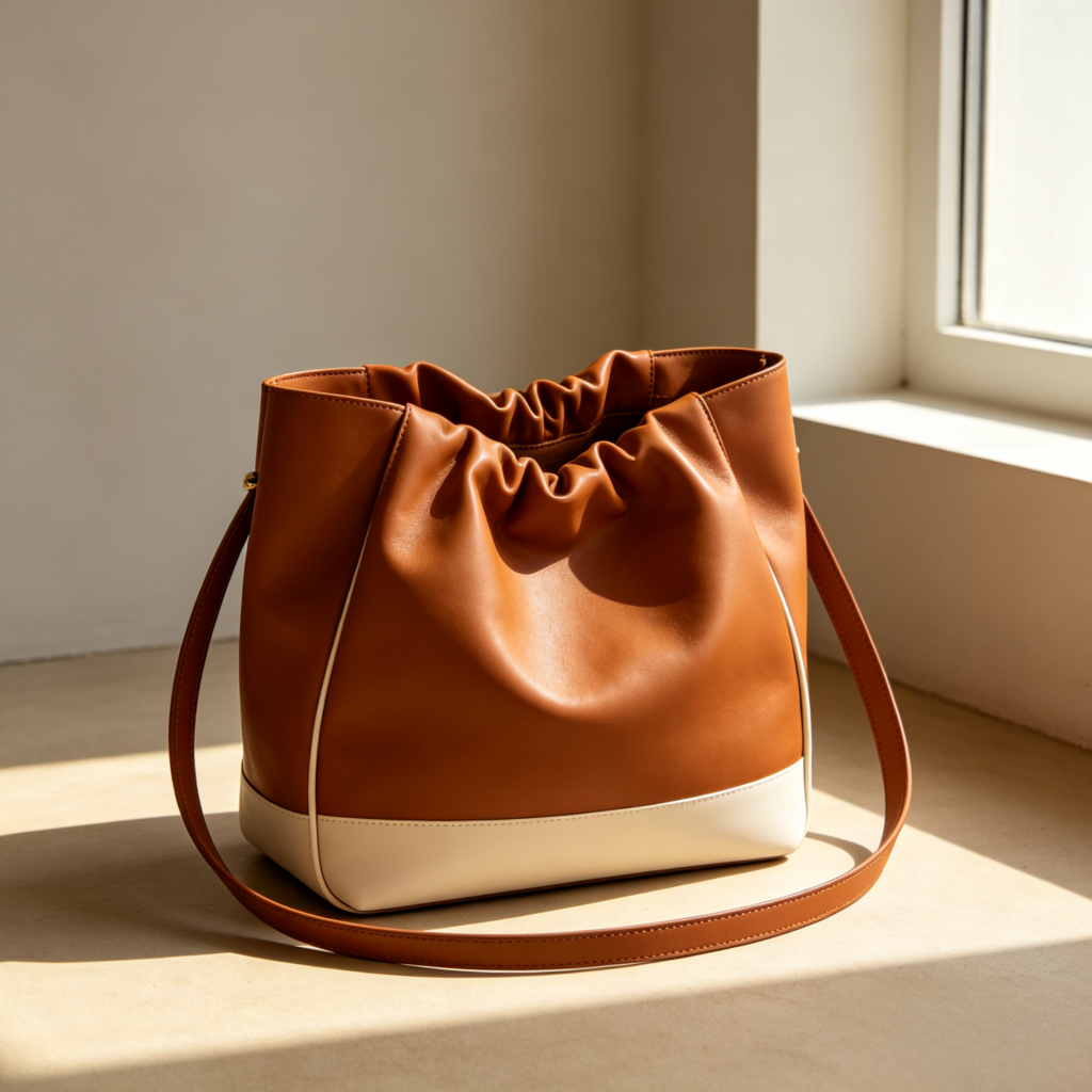 Brown Leather Drawstring Bucket Bag with Chain Strap