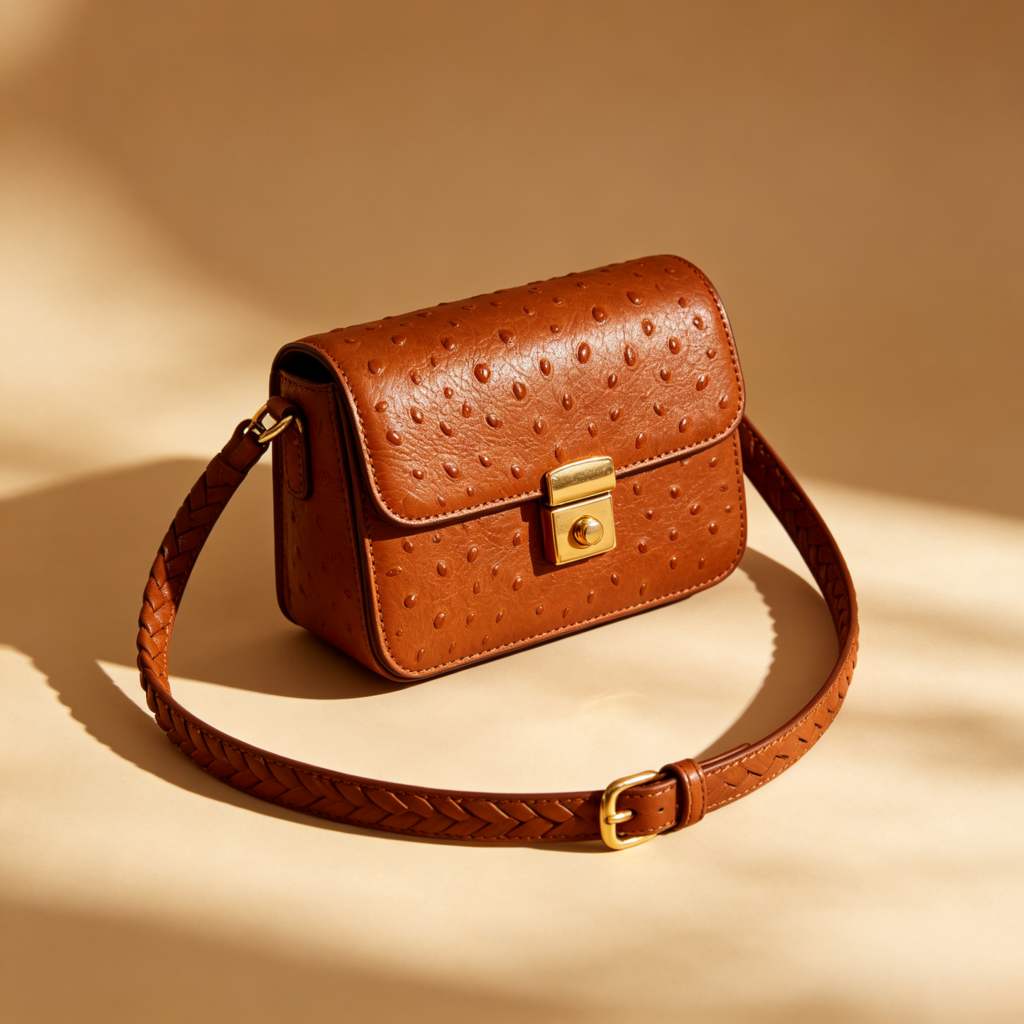 Ostrich-Embossed Cognac Crossbody Bag