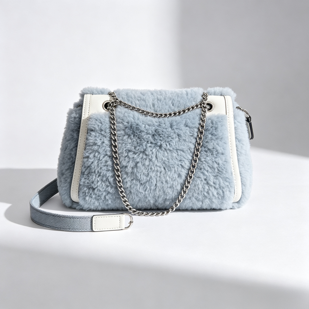 Baby Blue Shearling-Trim Flap Bag with Chain Strap