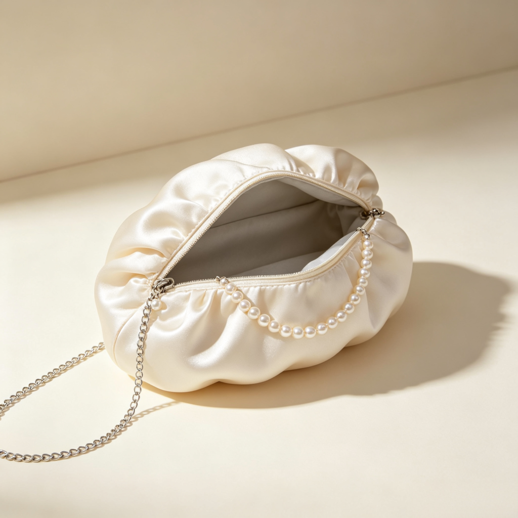 Ivory Ruched Pouch Bag with Pearl Chain Strap