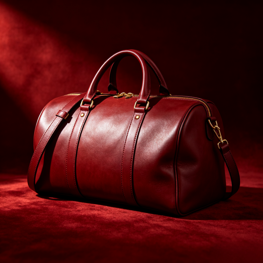 Crimson Red Leather Duffle Bag
