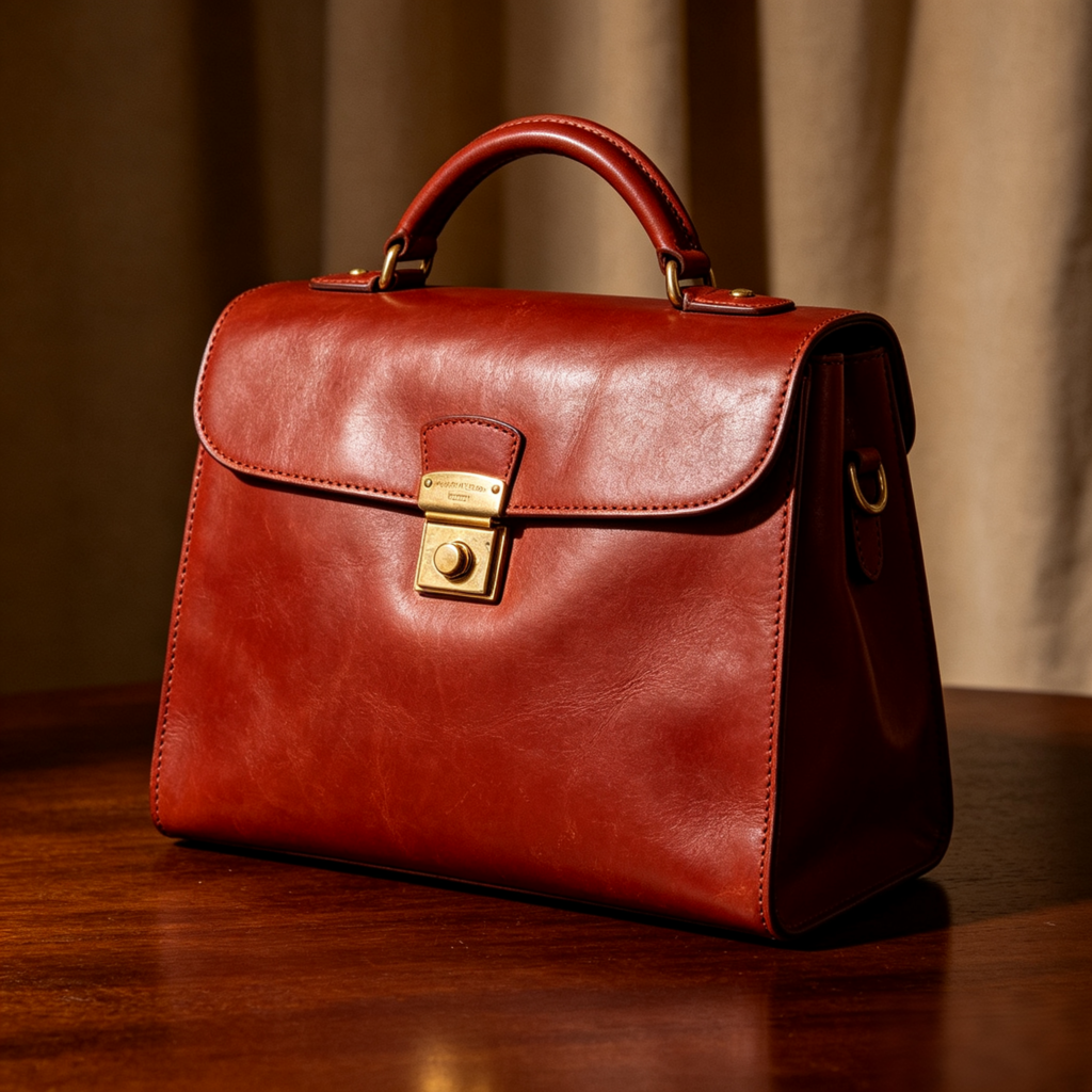 Crimson Red Leather Briefcase-Style Top Handle Bag