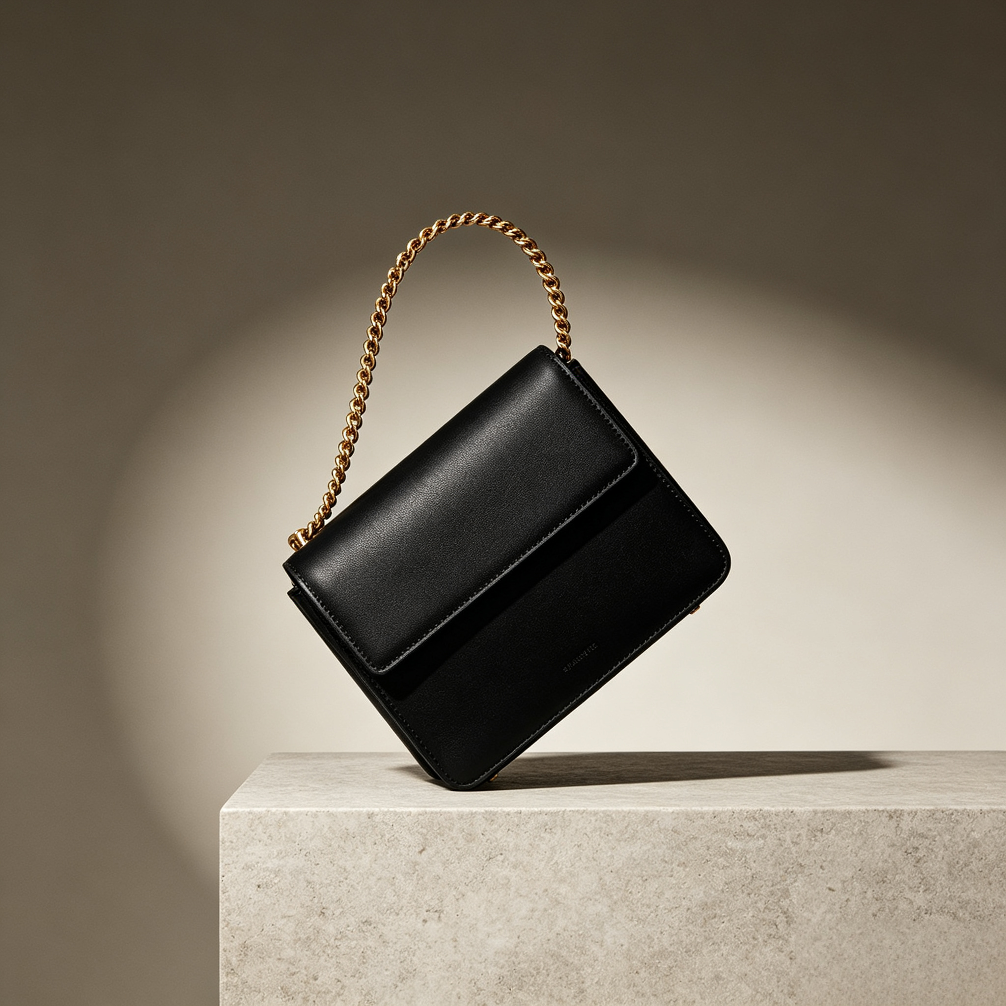 Black Structured Flap Bag with Gold Chain Strap