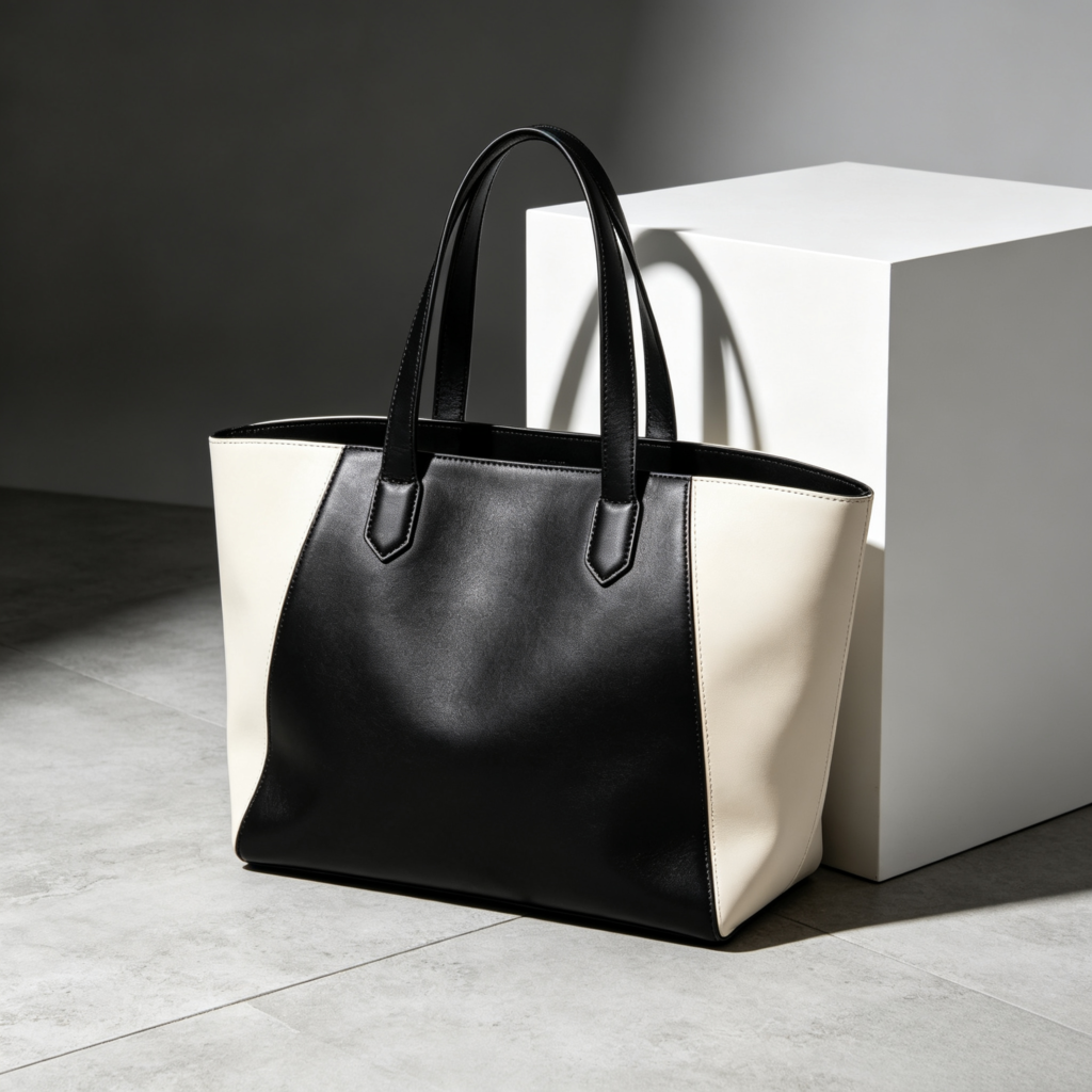 Black and White Colorblock Structured Tote Bag