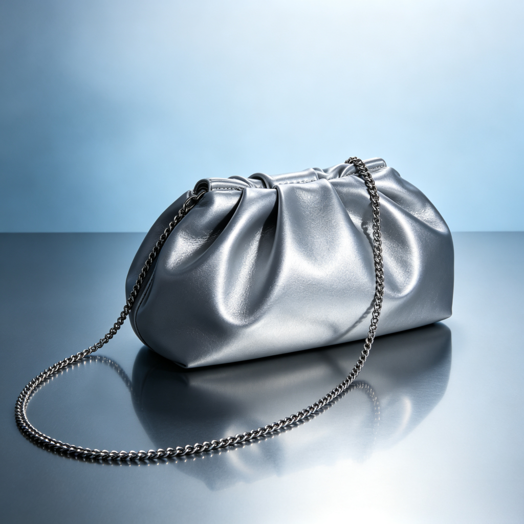 Metallic Silver Ruched Pouch Clutch